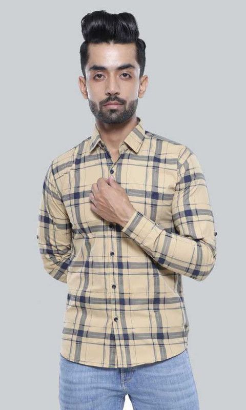 Men Checkered Casual Beige Shirt