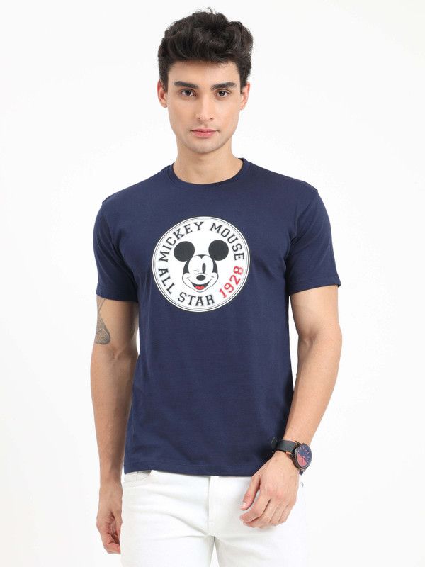 Mickey mouse Men Cartoon Round Neck Pure Cotton Dark Blue T-Shirt