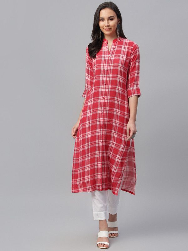 Women Checkered Viscose Rayon Straight Kurta  (Red)