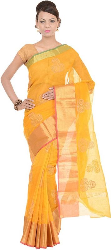 Embroidered Banarasi Handloom Organza Saree  (Yellow)