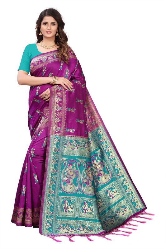 Woven Baluchari Cotton Silk Saree  (Purple, Blue)