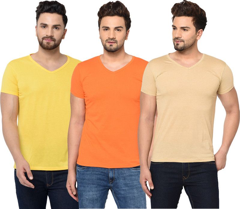 Pack of 3 Men Solid V Neck Cotton Blend Orange, Beige, Yellow T-Shirt