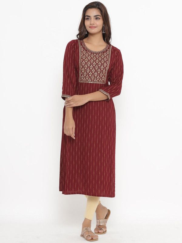 Women Embellished Viscose Rayon Straight Kurta  (Maroon)