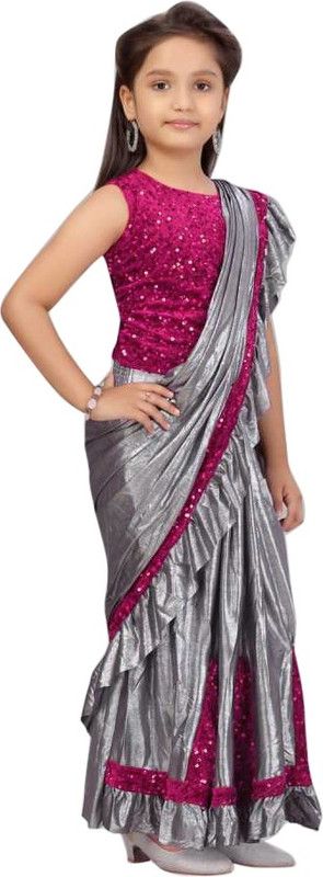 Embellished, Solid/Plain Bollywood Velvet, Silk Blend Saree  (Silver, Pink)