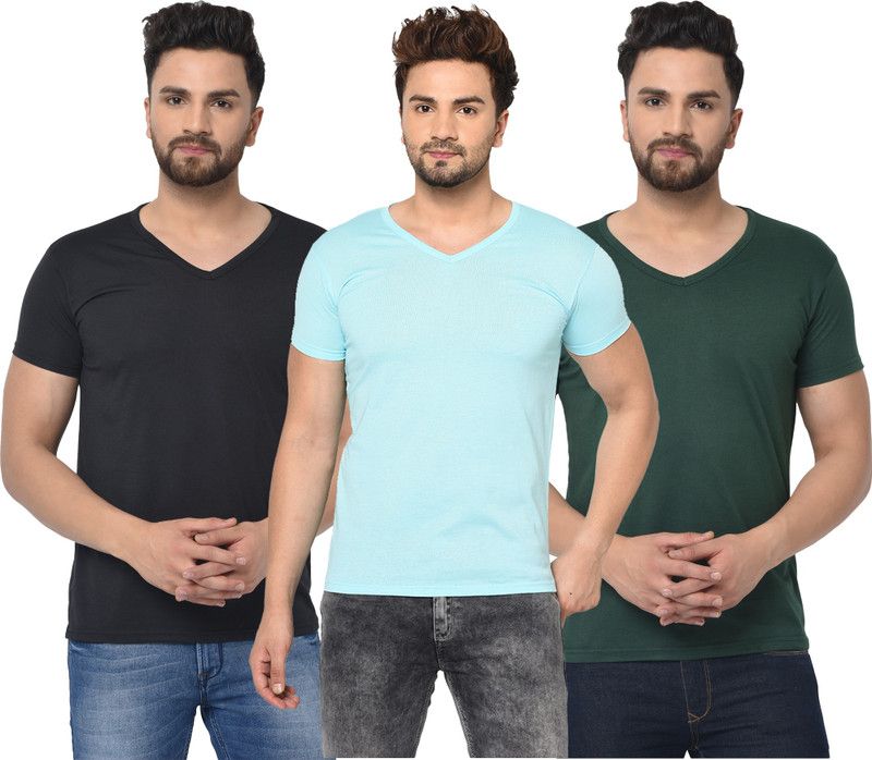 Pack of 3 Men Solid V Neck Cotton Blend Light Blue, Dark Green, Black T-Shirt