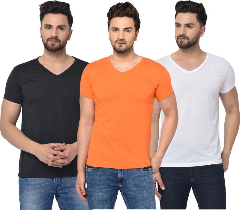 Pack of 3 V Neck T-Shirt Combo of 3 Men Solid V Neck Cotton Blend White, Black, Orange T-Shirt