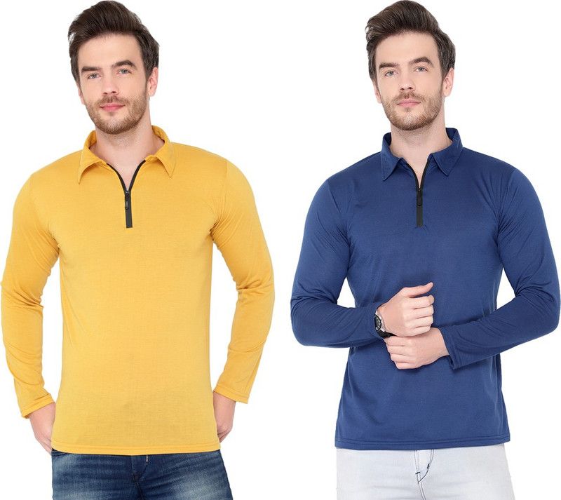 Pack of 2 Men Solid Polo Neck Cotton Blend Light Blue, Gold T-Shirt