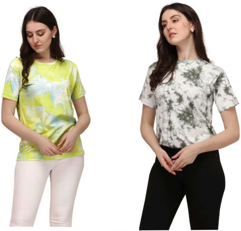 YLW GRN TSHIRT OVER SIZE LYCRA Women Printed Round Neck Elastane Multicolor T-Shirt