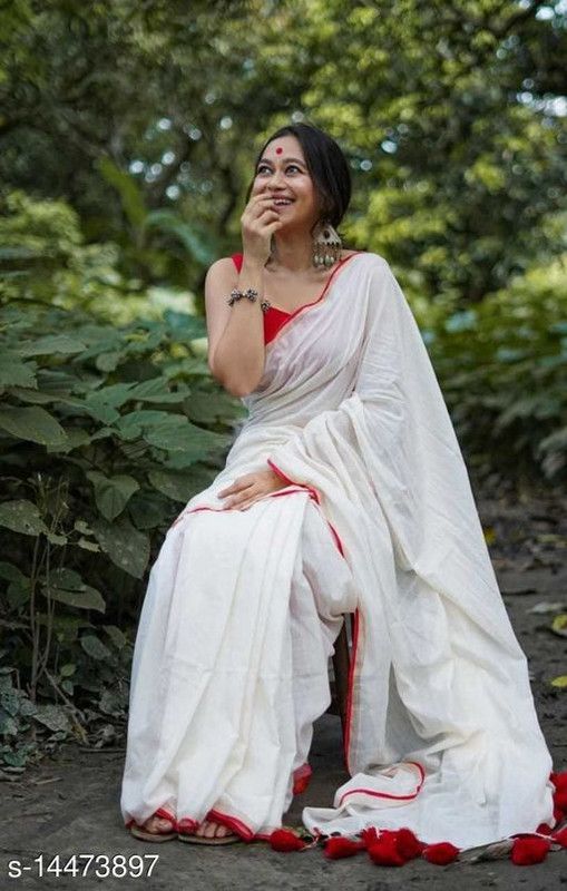 Daily Wear Pure Cotton Saree  (White)