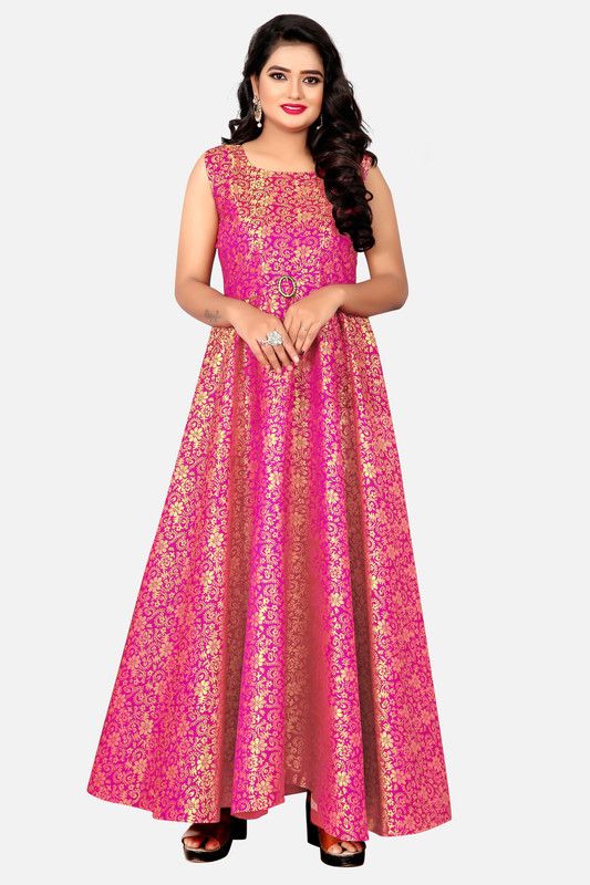 Jacquard Stitched Anarkali Gown  (Pink)
