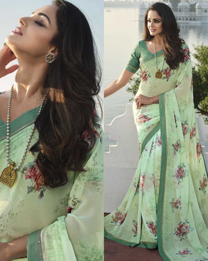Printed Daily Wear Chiffon, Georgette Saree  (Light Green)
