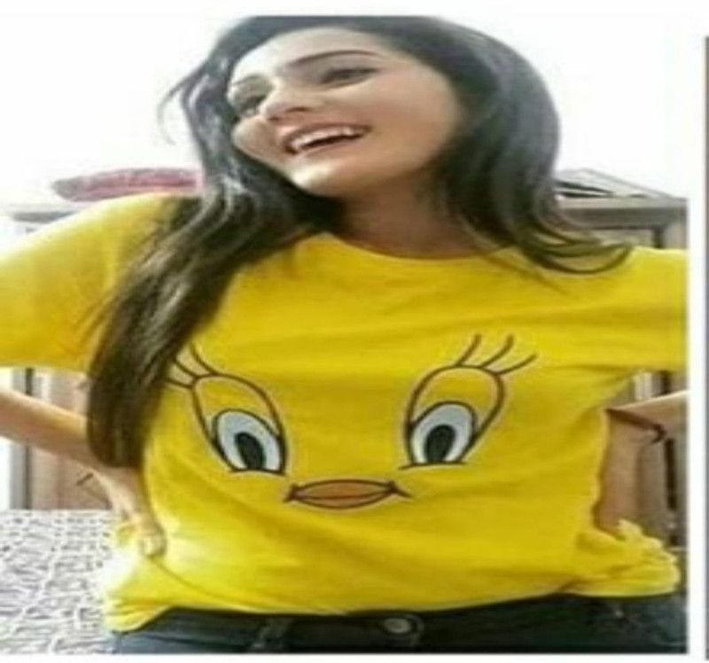 Women Cartoon Round Neck Cotton Blend Yellow T-Shirt