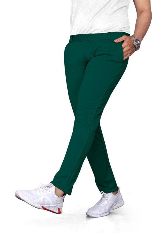 Men Slim Fit Green Lycra Blend Trousers