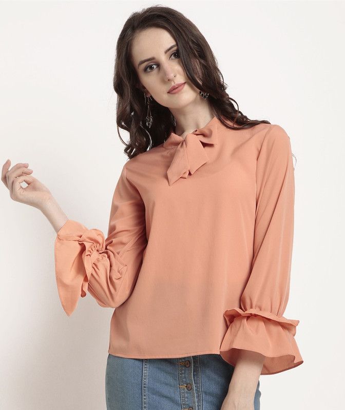 Formal Bell Sleeves Solid Women Beige Top