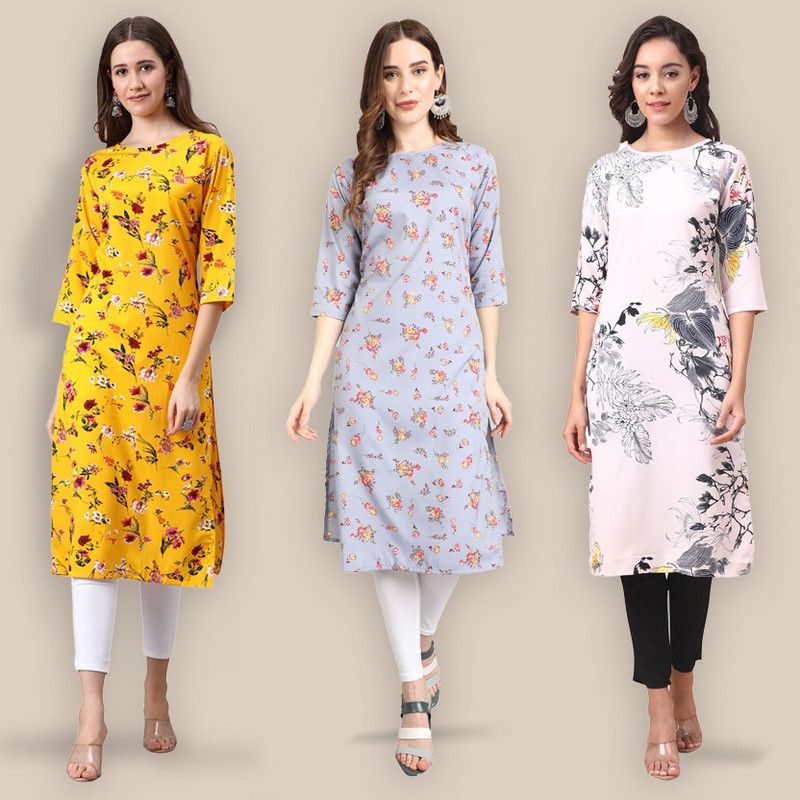 Pack of 3 Women Floral Print Crepe Straight Kurta  (White)
