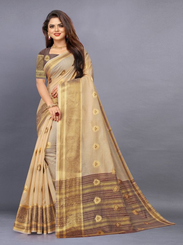 Woven Bollywood Cotton Blend Saree  (Cream)