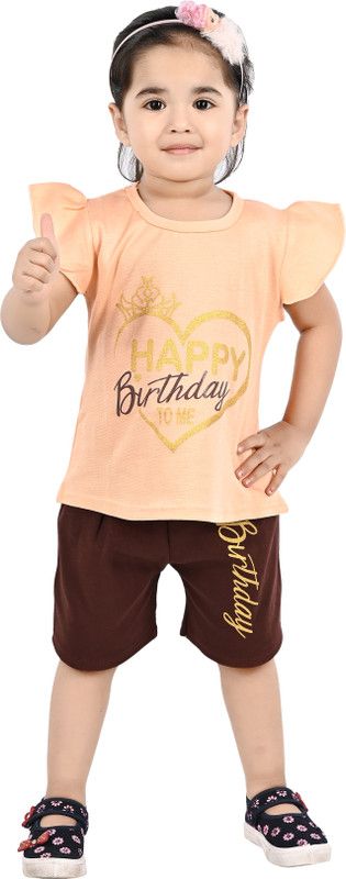 Baby Girls Casual Top Shorts  (Orange)