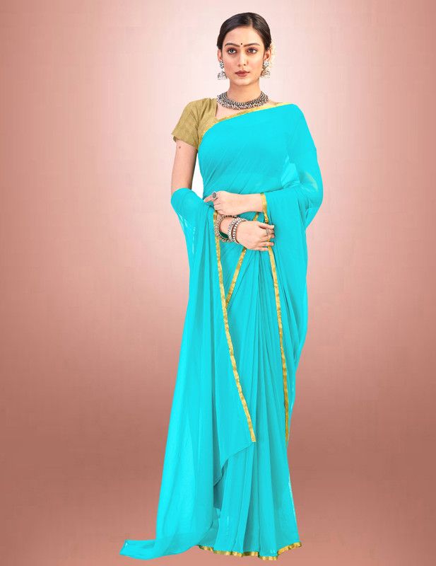 Solid/Plain, Embellished, Woven Kanjivaram Jacquard, Cotton Silk Saree  (Light Blue)