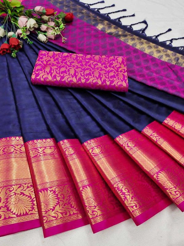 Self Design Bollywood Cotton Silk Saree  (Dark Blue)