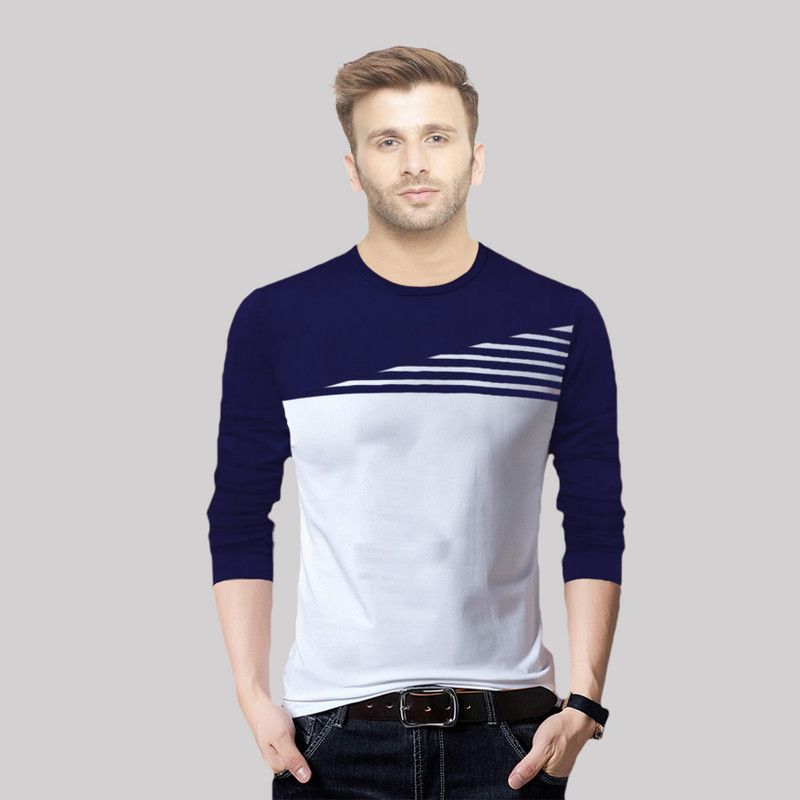 Men Solid Round Neck Pure Cotton White, Blue T-Shirt