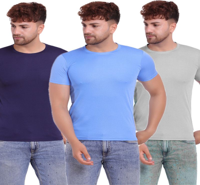 Solid Men Blue, Light Blue, Grey T-Shirt  (Pack of 3)