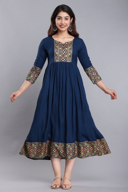 Women Printed, Dyed/Ombre, Solid Liva Anarkali Kurta  (Blue)