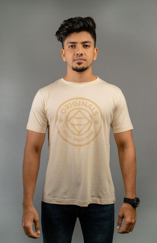 Men's Soothing round neck half-sleeve T-shirt - BLEACHED SAND, XXL Men Printed Round Neck Cotton Blend Beige T-Shirt