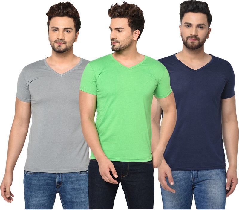 Pack of 3 Men Solid V Neck Cotton Blend Dark Blue, Green, Grey T-Shirt