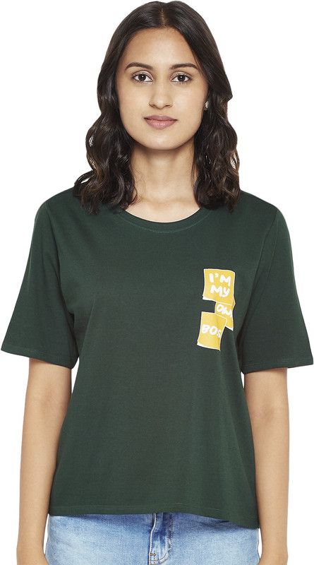 Women Printed Round Neck Pure Cotton Dark Green T-Shirt