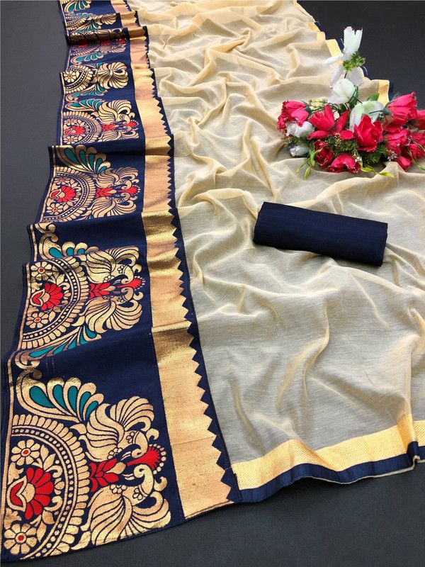 Chanderi Cotton Blend Saree  (Cream)