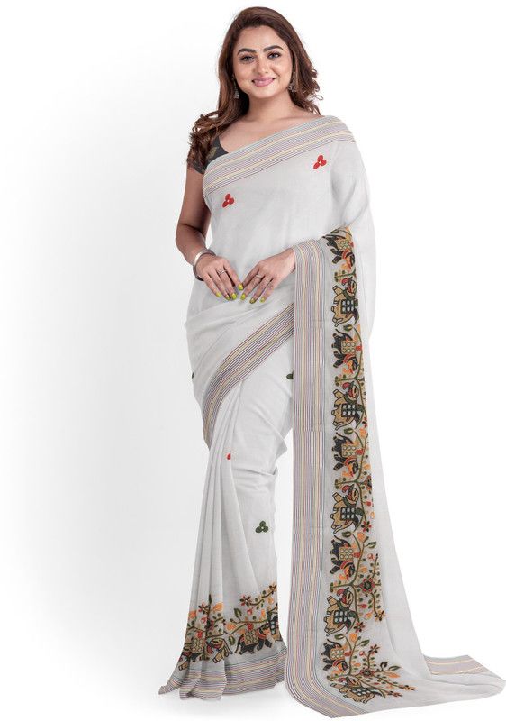 Embroidered Kota Doria Cotton Linen Saree  (White)