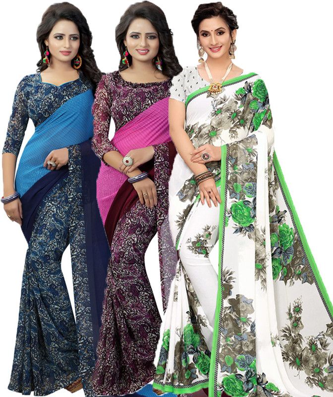 Printed Bollywood Georgette Saree  (Pack of 3, Purple, Green, White, Blue)