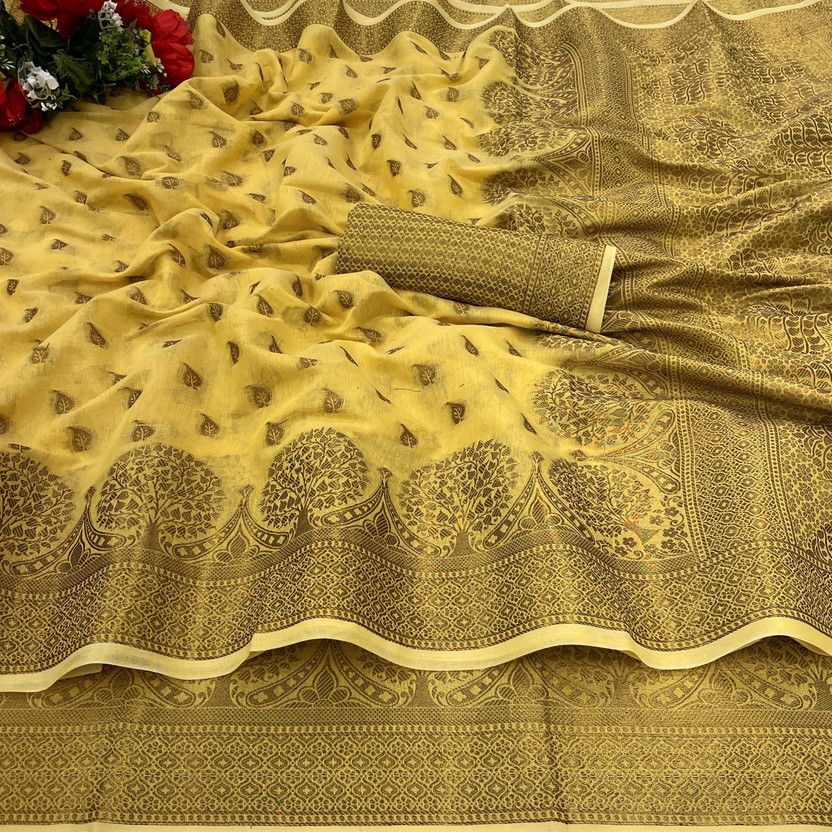 Woven Banarasi Pure Silk, Cotton Silk Saree  (Yellow)