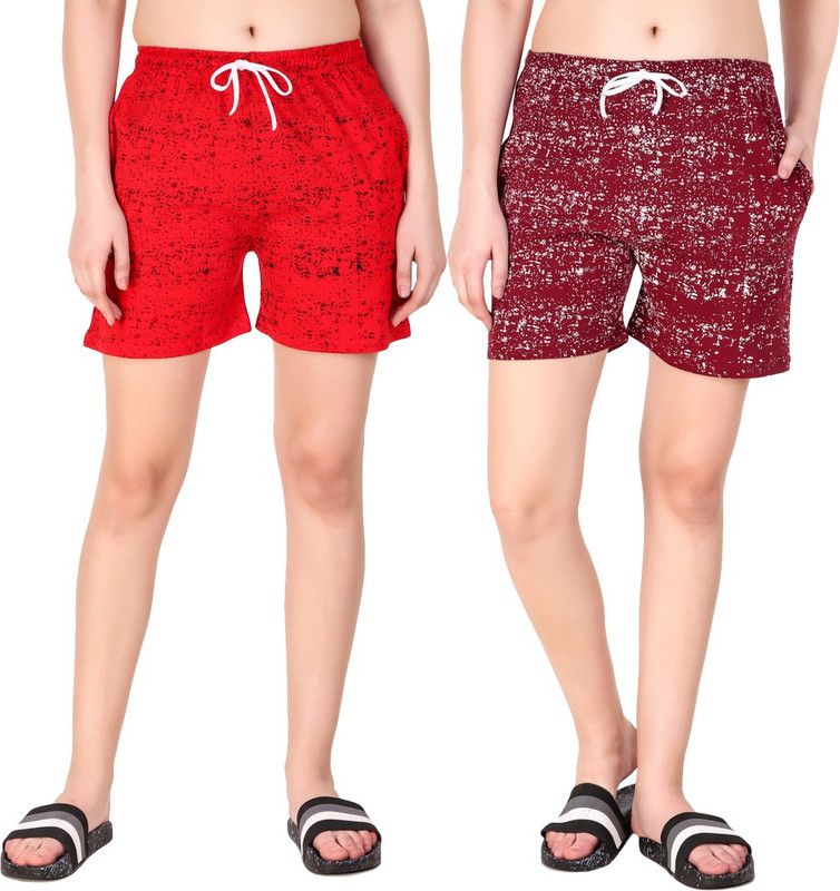 Pack of 2 Printed Women Red, Maroon Regular Shorts