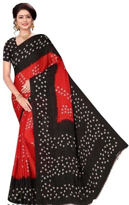 Solid Bandhani Crepe Saree  (Red)