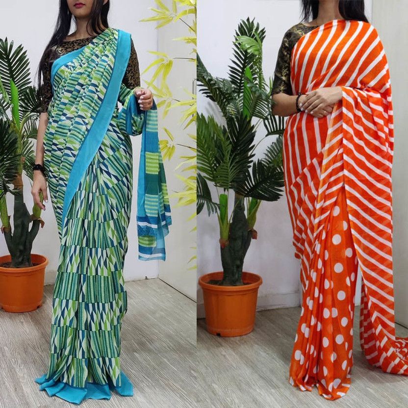 Printed Daily Wear Georgette Saree  (Green, Orange)