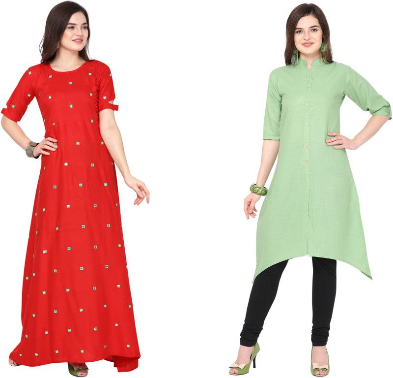 Pack of 2 Women Embroidered Viscose Rayon, Cotton Blend Flared Kurta  (Red, Green)