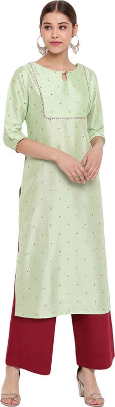 Women Polka Print Silk Blend Straight Kurta  (Green)