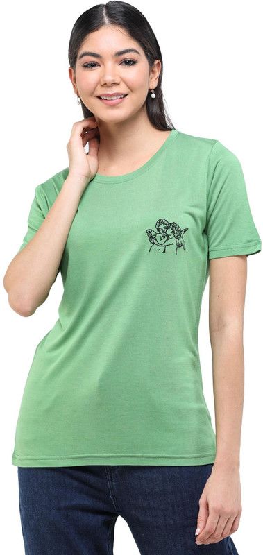 Women Embroidered Round Neck Viscose Rayon Green T-Shirt
