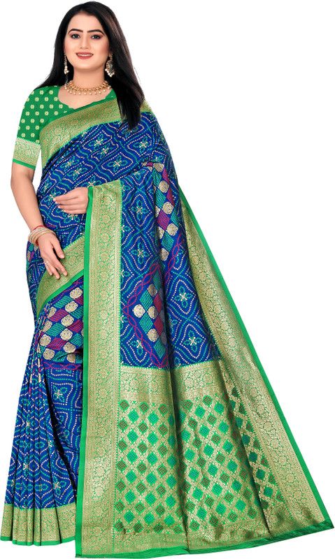 Self Design, Woven Bandhani Art Silk, Jacquard Saree  (Blue, Multicolor)