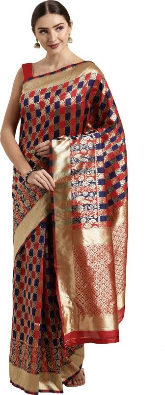Checkered Bollywood Silk Blend Saree  (Dark Blue, Red, Gold)