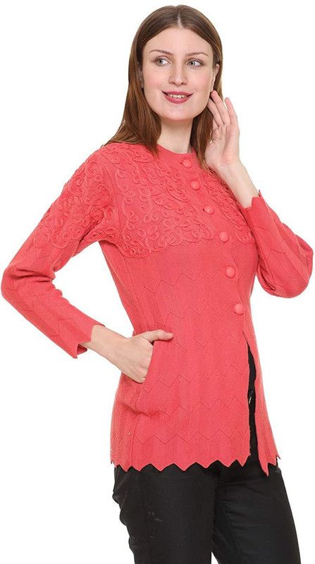 Women Embroidered Round Neck Pink Sweater