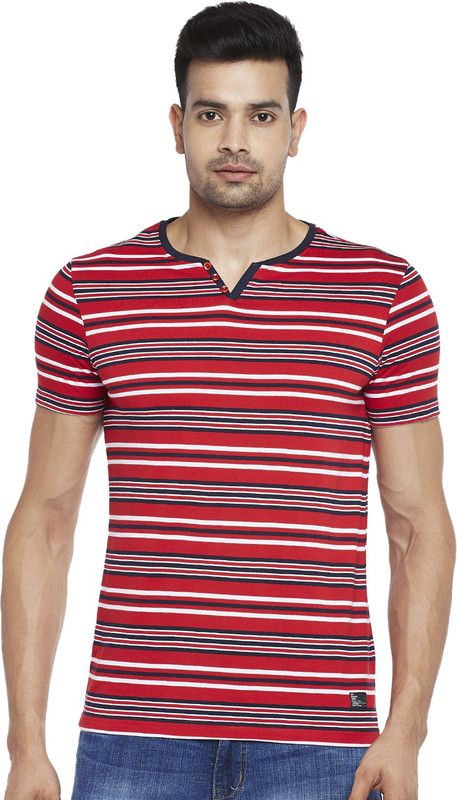 Men Striped V Neck Poly Cotton Red T-Shirt