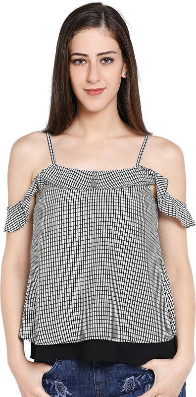 Casual Shoulder Straps Printed, Checkered Women Multicolor Top