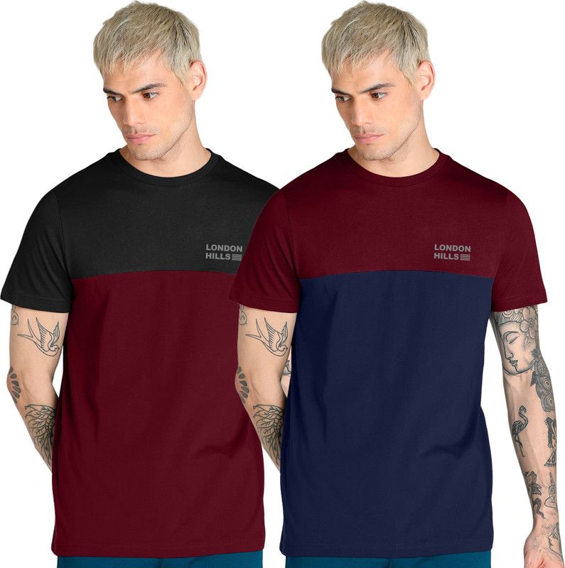 Pack of 2 Men Colorblock Round Neck Cotton Blend Blue T-Shirt