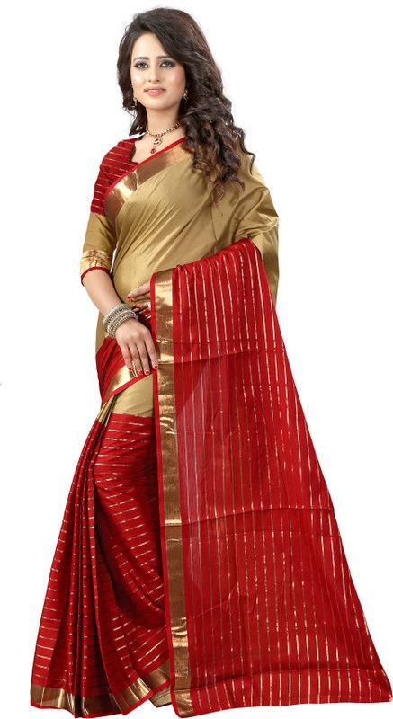 Striped Bollywood Handloom Cotton Blend Saree  (Red)