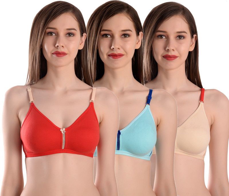 Pack of 3 Women Full Coverage Non Padded Bra  (Red, Light Blue, Beige)