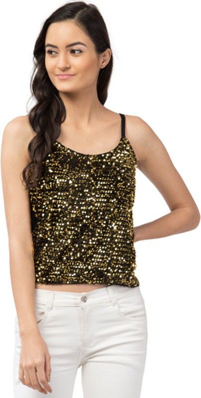 Casual Sleeveless Embellished Women Gold, Black Top