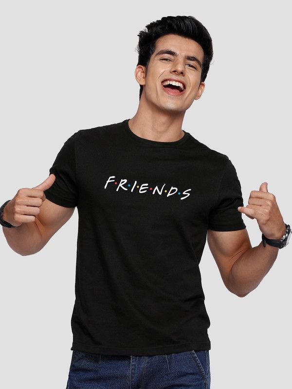 F.R.I.E.N.D.S Men Printed Round Neck Cotton Blend Black T-Shirt