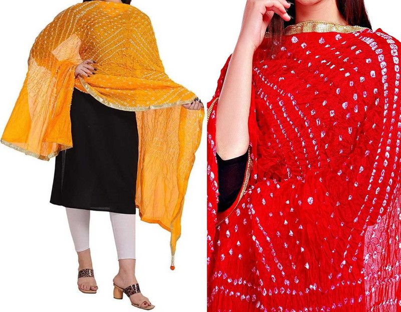 Art Silk Printed Red, Yellow Women Dupatta
